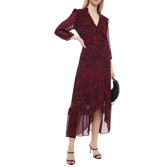 NWOT BA&SH Dress 2~M Red Black Zebra Wrap Ruffle Chiffon Midi Maxi”SelenaCrimson - Picture 1 of 3